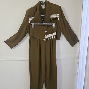 Vintage olive Green Jumpsuit with Lace Accents size Medium